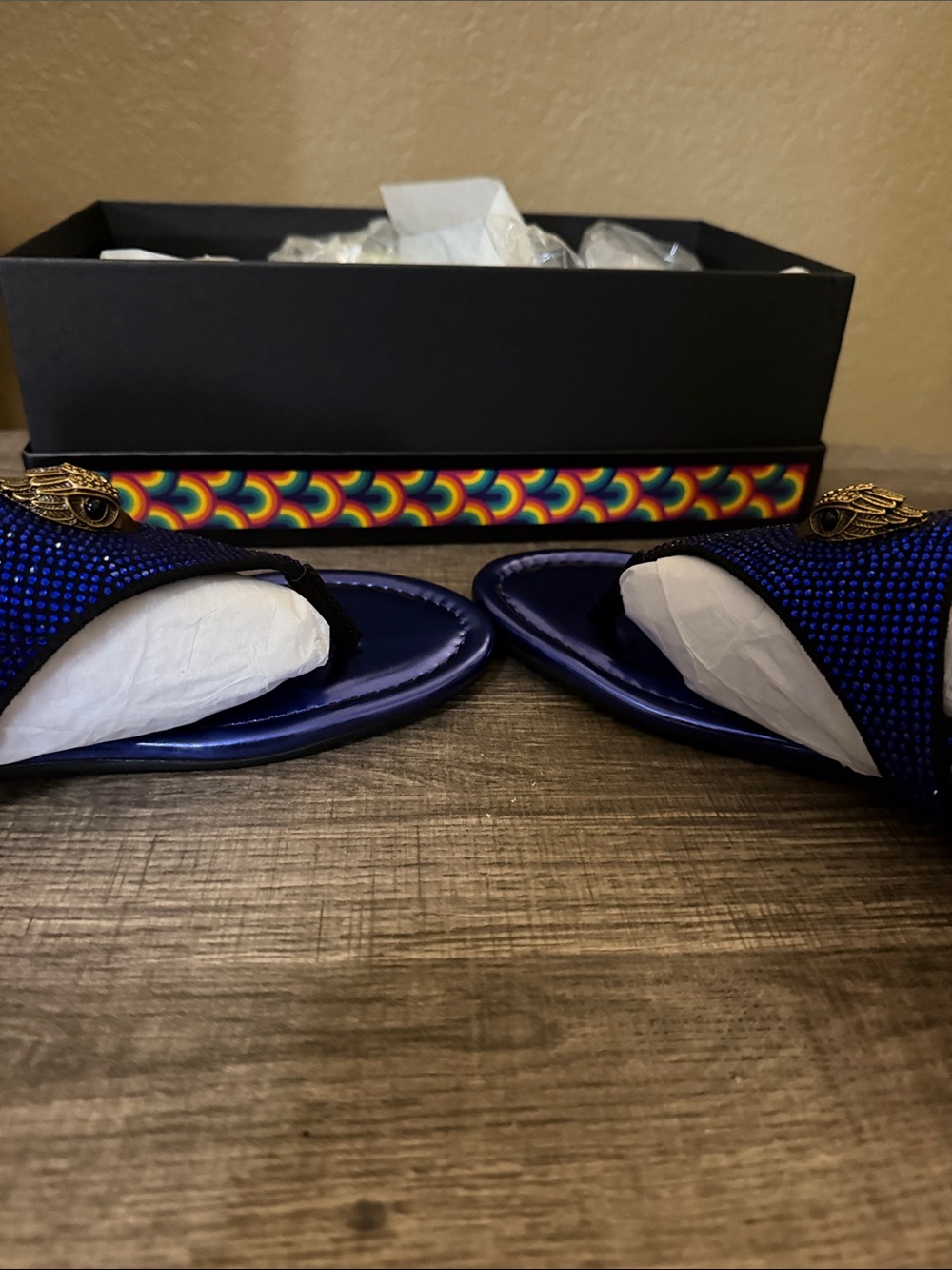 Kurt Geiger Royal Blue Crystal Thong Sandals with Gold Crest - Picture 4 of 5